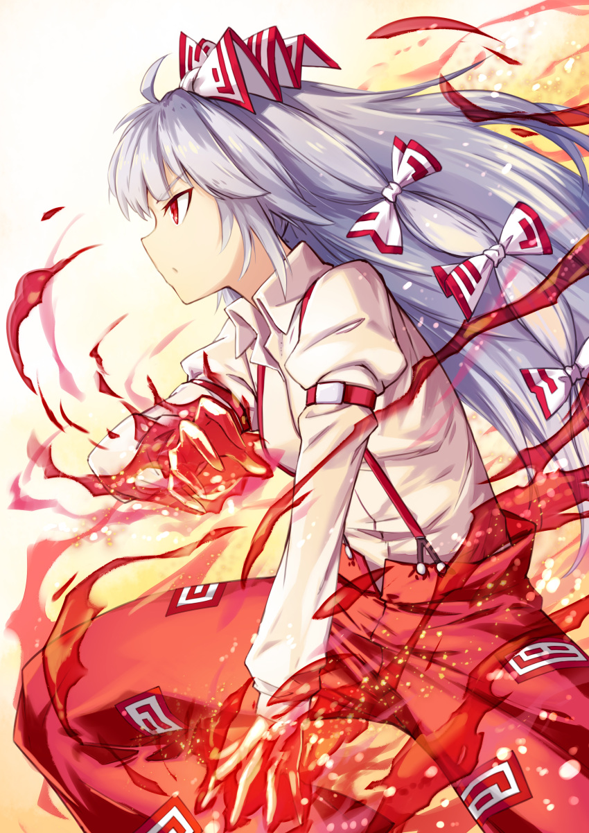 absurdres ahoge arm_up aura bow buttons closed_mouth collared_shirt female fire fish.boy from_side fujiwara_no_mokou grey_hair hairbow highres juliet_sleeves long_hair long_sleeves multicolored_bow multiple_bows ofuda ofuda_on_clothes pants puffy_sleeves pyrokinesis red_bow red_eyes red_pants serious shirt solo standing suspenders touhou white_background white_bow white_shirt