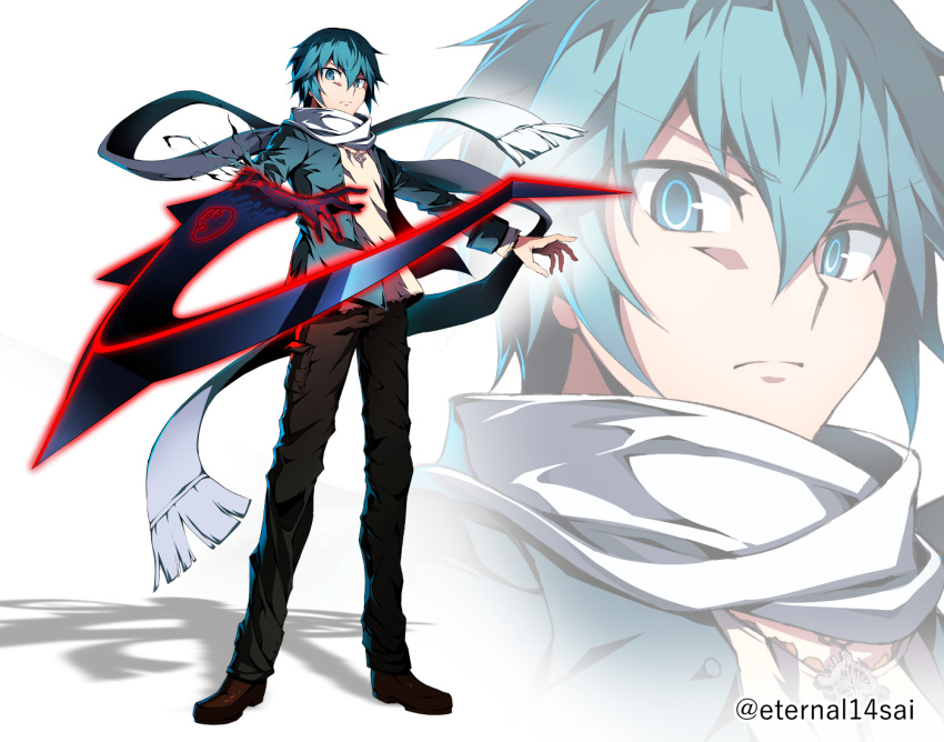 1boy arm_blade artist_name asymmetrical_arms blue_eyes blue_hair bois_de_justice close-up commentary_request dies_irae eternal_14sai fujii_ren full_body jacket jewelry looking_at_viewer male_focus necklace scarf serious shadow shinza_bansho_series solo torn_clothes weapon white_background white_scarf