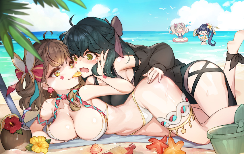 4girls @_@ ahoge ankle_ribbon bare_shoulders beach bellona_(epic_seven) bikini black_hair black_one-piece_swimsuit blush braid breasts brown_hair bucket butterfly_hair_ornament chloe_(epic_seven) cleavage cloud coconut day drinking_straw dual_persona earrings epic_seven food_in_mouth fruit_cup green_eyes green_hair grey_hair hair_ornament hair_ribbon hand_on_own_ass highres innertube jewelry large_breasts leg_ribbon long_hair long_sleeves looking_at_another lying mat multiple_girls navel ocean on_side one-piece_swimsuit open_mouth outdoors ribbon selfcest short_hair side_ponytail sky smile swim_ring swimsuit tamarinne_(epic_seven) thigh_strap twintails wading white_bikini yellow_eyes yoruri yuri