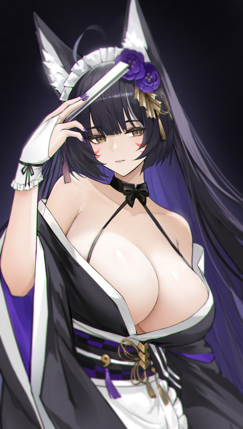 absurdres ahoge animal_ears apron azur_lane bare_shoulders black_background black_bow black_bowtie black_choker black_hair black_kimono black_ribbon blunt_bangs blurry bow bowtie breasts choker cleavage colored_inner_hair commentary depth_of_field facial_mark female fingerless_gloves fingernails flower folding_fan fox_ears frilled_apron frilled_hairband frills genera-x gloves hair_flower hair_ornament hairband hand_fan hand_up highres holding holding_fan japanese_clothes kimono large_breasts long_fingernails long_hair looking_at_viewer maid maid_apron maid_headdress multicolored_hair musashi_(azur_lane) musashi_(violet_moonglow)_(azur_lane) official_alternate_costume parted_lips purple_flower purple_nails ribbon sash solo tassel upper_body wa_maid waist_apron white_apron white_gloves white_hairband wide_sleeves