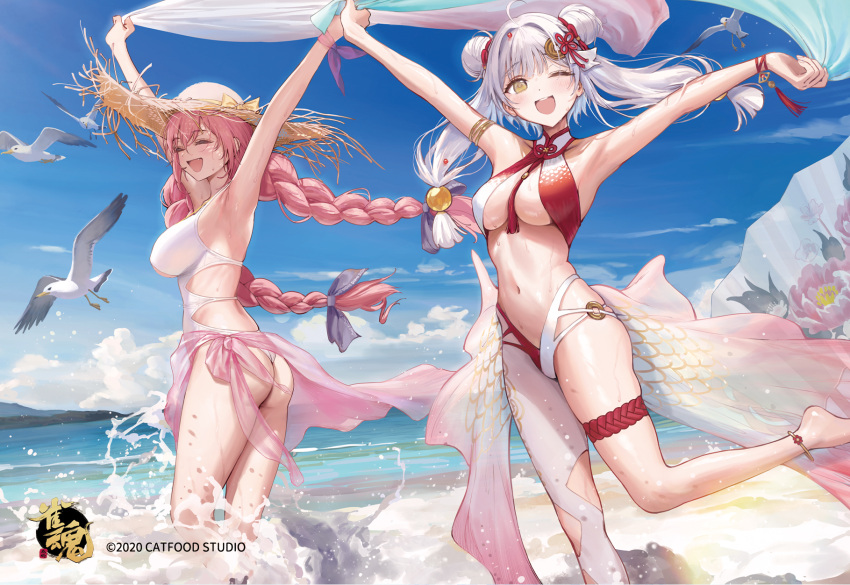 2girls ;d ahoge ame_(uten_cancel) animal armpits arms_up ass bare_shoulders barefoot beach bikini bird blue_sky blush braid breasts closed_eyes cloud collarbone day double_bun fu_ji fujita_kana hair_bun hat highres holding horizon long_hair looking_at_viewer mahjong_soul medium_breasts multiple_girls navel ocean official_art one_eye_closed open_mouth outdoors pink_hair sarong seabird seagull sky smile straw_hat swimsuit thighs twin_braids very_long_hair wading water wet white_hair yellow_eyes