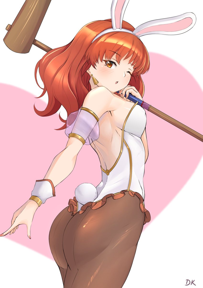 animal_ears armband ass back backless_outfit bad_id bad_pixiv_id bare_shoulders black_pantyhose blush breasts brown_eyes celica_(fire_emblem) chestnut_mouth deekei earrings fake_animal_ears fake_tail female fingernails fire_emblem fire_emblem_echoes:_shadows_of_valentia hammer heart highres jewelry leotard long_hair looking_at_viewer looking_back one_eye_closed open_mouth pantyhose playboy_bunny rabbit_ears rabbit_tail red_hair simple_background solo strapless strapless_leotard tail white_leotard wrist_cuffs