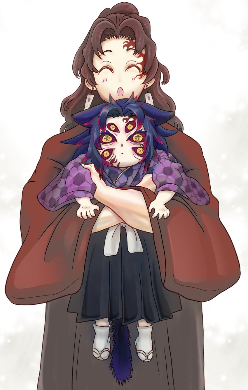 2boys :o ^_^ animal_ears black_hair blue_hair brown_hair carrying cat_boy cat_ears cat_tail closed_eyes collaboration colored_sclera earrings extra_eyes facial_mark facing_viewer hakama happy highres hug hug_from_behind japanese_clothes jewelry katana kimetsu_no_yaiba kimono kokushibou long_hair long_sleeves looking_at_viewer male_focus multiple_boys nai_(pixiv27684548) ponytail red_sclera rose_c sandals smile sword tabi tail text_in_eyes tsugikuni_yoriichi weapon wide_sleeves yellow_eyes zouri