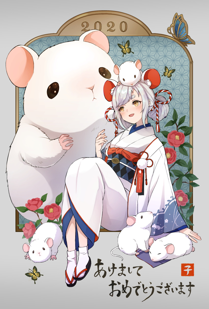 2020 akeome animal animal_ears black_footwear brown_eyes bug butterfly chinese_zodiac commentary female flower furisode grey_hair haori happy_new_year highres japanese_clothes kimono long_sleeves low_twintails moguta_(moguta9) mouse_(animal) mouse_ears nengajou new_year obi open_mouth original oversized_animal pink_flower rope sandals sash shimenawa sitting smile solo swept_bangs tablet_pc translated twintails white_kimono white_legwear wide_sleeves year_of_the_rat