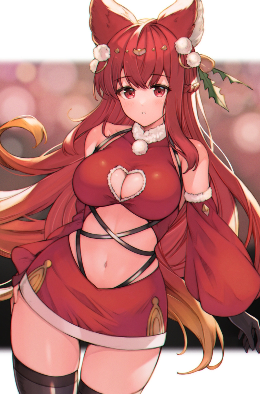 animal_ears anthuria bad_id bad_pixiv_id bare_shoulders bell black_gloves black_thighhighs blush braid breasts cleavage clothing_cutout collarbone detached_sleeves erune female fur_trim gloves granblue_fantasy hair_bell hair_between_eyes hair_ornament hat heart_cutout highres koretsuki_azuma large_breasts leaf_hair_ornament long_hair looking_at_viewer md5_mismatch midriff navel pom_pom_(clothes) red_eyes red_hair red_skirt resolution_mismatch santa_hat single_glove skirt solo source_smaller thighhighs zettai_ryouiki