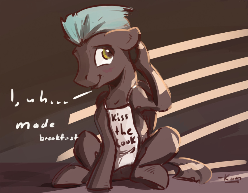 2020 apron bashful blush clothing dialogue english_text equid equine feral friendship_is_magic hasbro kam male mammal my_little_pony mythological_creature mythological_equine mythology pegasus pose shy solo text text_on_apron text_on_clothing thunderlane_(mlp) wings