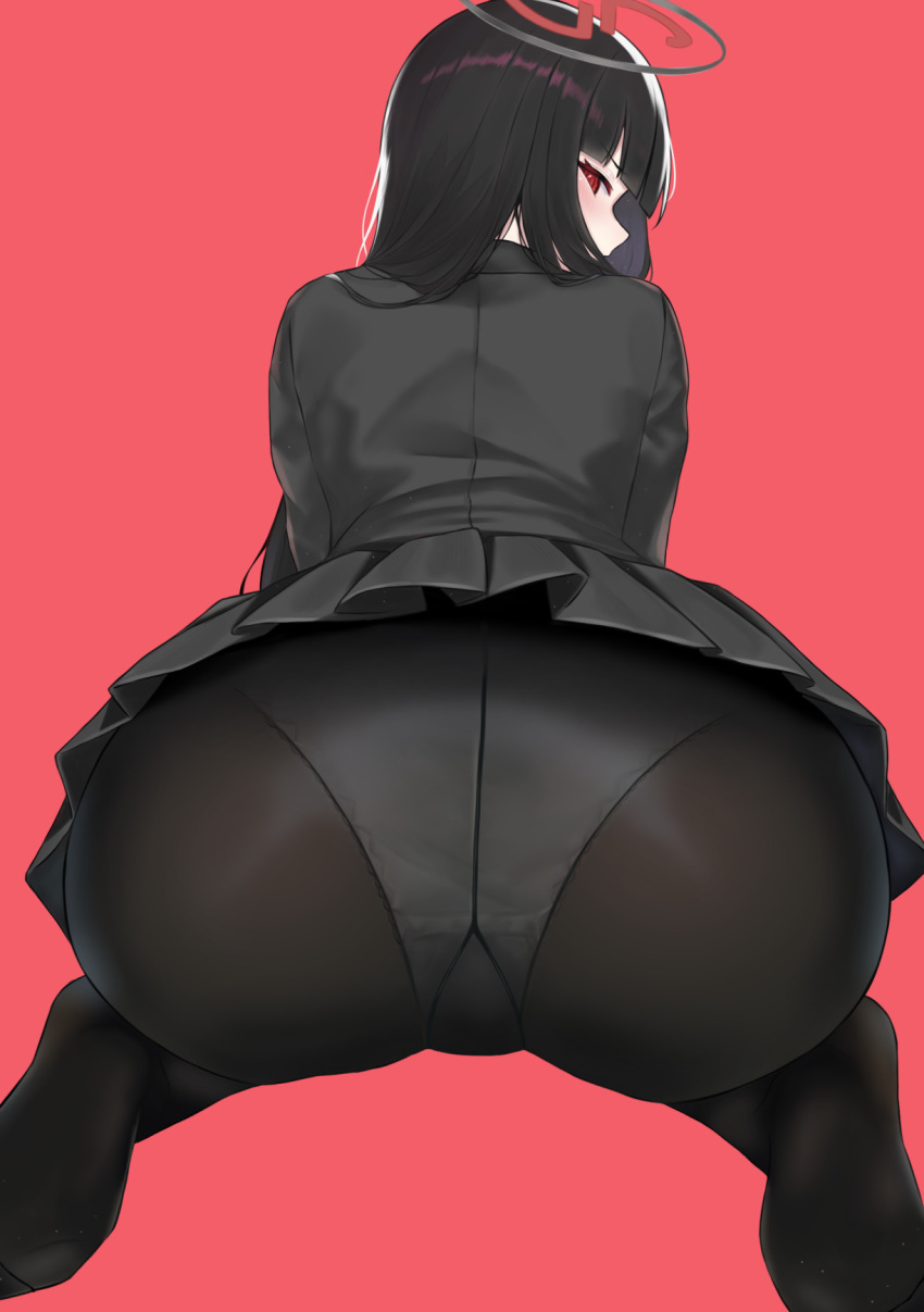 ass black_hair black_pantyhose black_skirt black_suit blue_archive blunt_bangs blush commentary female formal from_behind gusset halo highres kneeling leaning long_hair looking_at_viewer no_shoes panties panties_under_pantyhose pantyhose pleated_skirt red_background red_eyes rio_(blue_archive) simple_background skirt soles solo suit underwear wennananyan