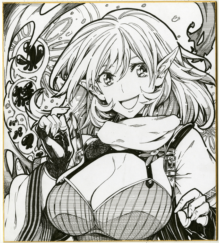 alternate_costume breasts cleavage commentary_request female fingerless_gloves gloves greyscale highres ishida_kazuma large_breasts looking_at_viewer mizuhashi_parsee monochrome open_mouth pointy_ears scarf shikishi short_hair short_sleeves smile solo touhou traditional_media upper_body