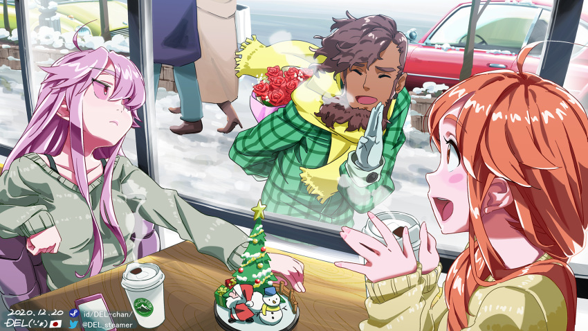 1boy 2girls ahoge badeline blush bouquet bra_strap brown_hair car celeste_(video_game) christmas closed_eyes closed_mouth collarbone colored_sclera cup dark-skinned_male dark_persona dark_skin dated del-chan disposable_coffee_cup disposable_cup dual_persona facing_another flower highres holding holding_bouquet holding_cup indoors logo_parody long_hair looking_at_another madeline_(celeste) motor_vehicle multiple_girls open_mouth purple_hair red_eyes red_sclera scarf smile snow starbucks theo_(celeste) twitter_username very_long_hair yellow_scarf