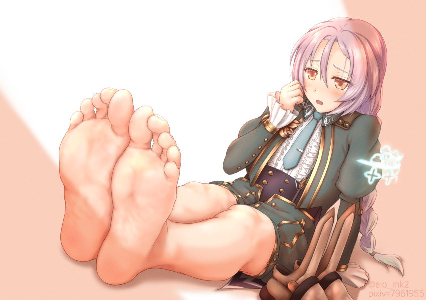 aiou_akahiko arm_support barefoot blush boots braid braided_ponytail clorica_(rune_factory) commentary_request commission embarrassed feet female foot_focus foreshortening full_body gold_trim green_jacket green_pants hair_between_eyes hand_on_own_face highres jacket juliet_sleeves leaning_back legs_together long_sleeves looking_at_viewer necktie open_mouth orange_eyes pants pixiv_commission puffy_sleeves purple_hair rune_factory rune_factory_4 shadow shiny_clothes shiny_skin sidelocks sitting soles solo toes unworn_boots