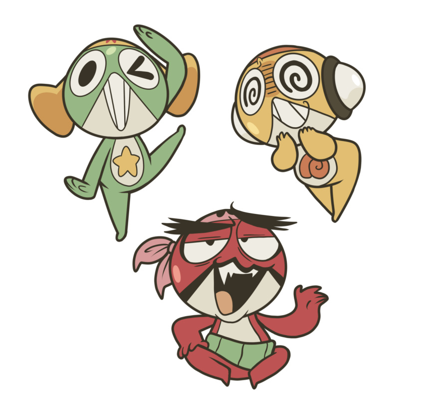 2019 amphibian anthro belt bent_over clothing fangs frog gastropod_shell gesture giroro's_dad green_body green_skin group half-closed_eyes hat headgear headkerchief headwear hi_res kerchief keronian keroro keroro_gunsou kururu kyrakupetsky looking_at_viewer male mollusk_shell multicolored_body narrowed_eyes one_eye_closed pink_headkerchief pink_kerchief raised_leg red_body red_skin salute shell simple_background sitting spiral_eyes standing star teeth two_tone_body white_background wink yellow_body yellow_skin