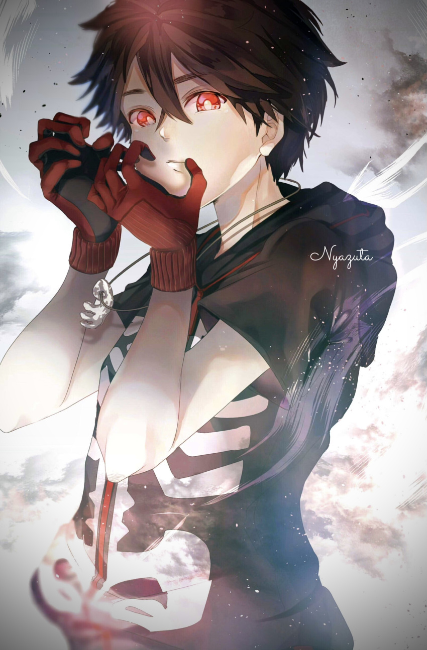 1boy absurdres artist_name black_shirt gloves highres kemono_jihen kusaka_kabane male_focus nyazuta red_eyes shirt short_hair short_sleeves skeleton_print solo upper_body