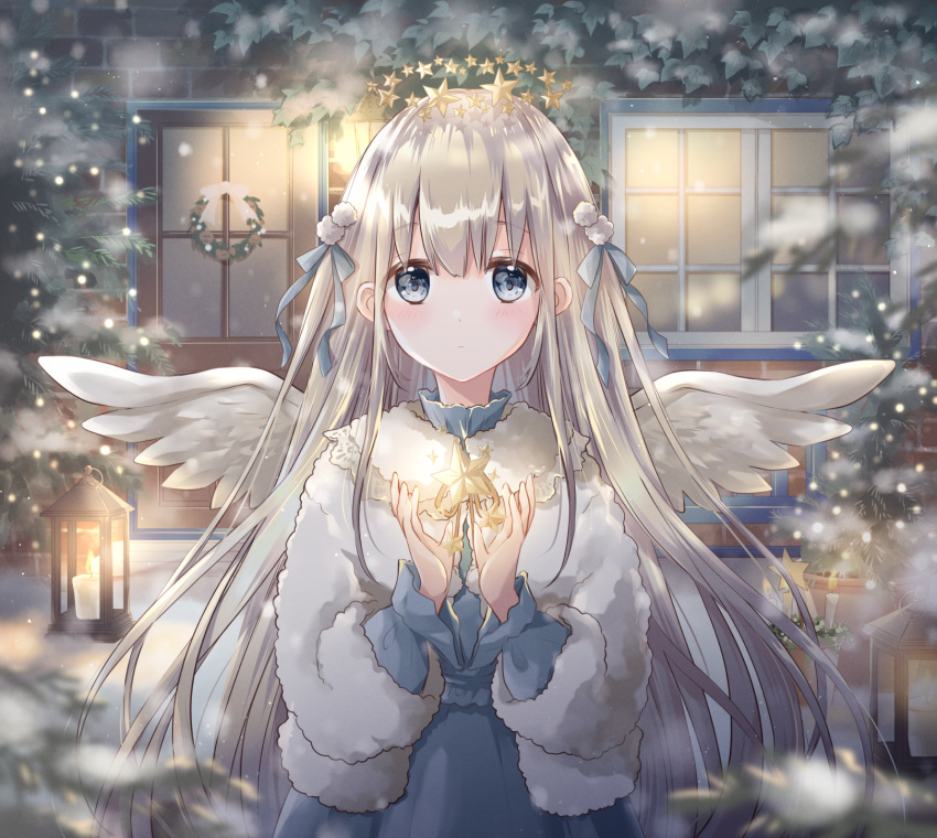 angel angel_wings arms_up blue_dress blue_eyes blurry blurry_foreground candle christmas christmas_lights christmas_wreath door dress english_commentary expressionless feathered_wings female fur_jacket grey_hair hair_ornament hair_ribbon halo high_collar highres hoshiibara_mato ivy jacket lantern light_blush long_hair looking_at_viewer night original outdoors pine_tree ribbon snow solo standing star_(symbol) tree upper_body very_long_hair white_wings window wings winter wreath