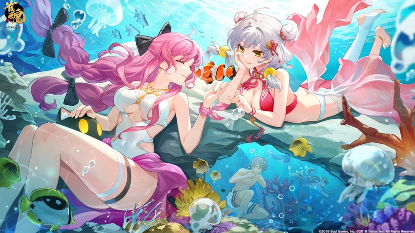 1boy 2girls ahoge artist_request bare_shoulders barefoot bikini bow braid breasts bubble butterflyfish cleavage closed_eyes closed_mouth clownfish coral covered_navel double_bun fish fu_ji fujita_kana grin hair_bun hairbow ishihara_usumi jellyfish long_hair looking_at_another mahjong_soul medium_breasts multiple_girls ocean official_art parted_lips pink_hair sarong smile swimsuit thigh_strap thighs tropical_fish twin_braids underwater very_long_hair water white_hair yellow_eyes