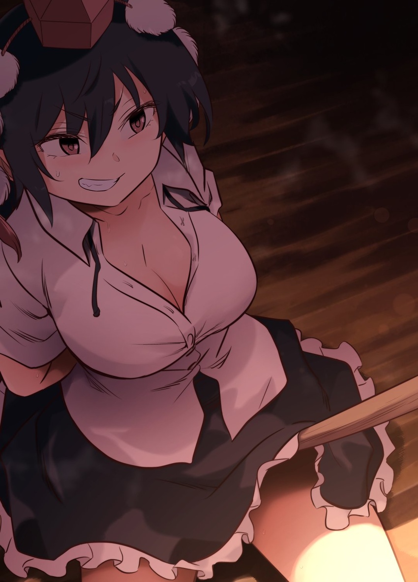 black_hair black_skirt blush breasts brown_hair buttons cleavage clenched_teeth collared_shirt commentary_request female frilled_skirt frills from_above grin hair_between_eyes hat highres large_breasts looking_to_the_side miniskirt pom_pom_(clothes) red_eyes shameimaru_aya shirt short_hair shundou_heishirou sitting skirt smile solo stick teeth tokin_hat touhou v-shaped_eyebrows white_shirt wing_collar