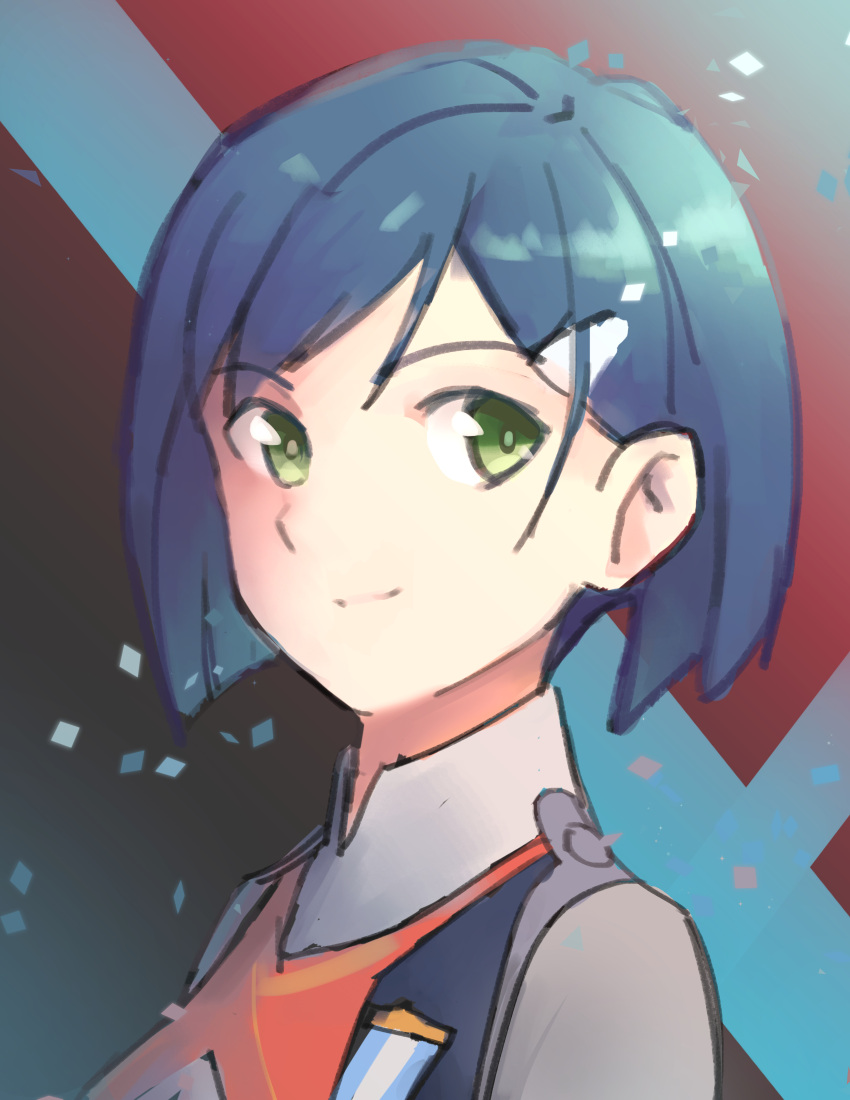 absurdres black_background blue_eyes blue_hair bob_cut closed_mouth commentary confetti darling_in_the_franxx english_commentary female green_eyes grey_shirt hair_ornament hairclip highres ichigo_(darling_in_the_franxx) light_smile looking_back naobhal portrait red_background shirt short_hair solo swept_bangs uniform white_background