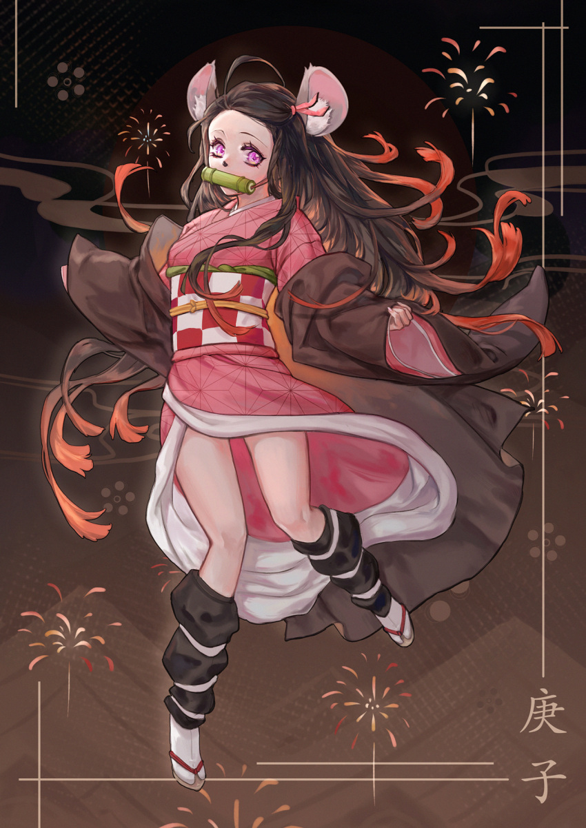 ahoge animal_ear_fluff animal_ears anmaki arm_warmers bit_gag black_coat black_hair border brown_background chinese_zodiac coat colored_tips english_commentary female floating_hair full_body gag hair_ribbon haori highres japanese_clothes jumping kamado_nezuko kemonomimi_mode kimetsu_no_yaiba kimono long_hair long_sleeves looking_at_viewer mixed-language_commentary mouse_ears multicolored_hair obi off_shoulder orange_hair orange_ribbon pinching_sleeves pink_kimono ribbon sash solo tabi two-tone_hair very_long_hair wide_sleeves year_of_the_rat