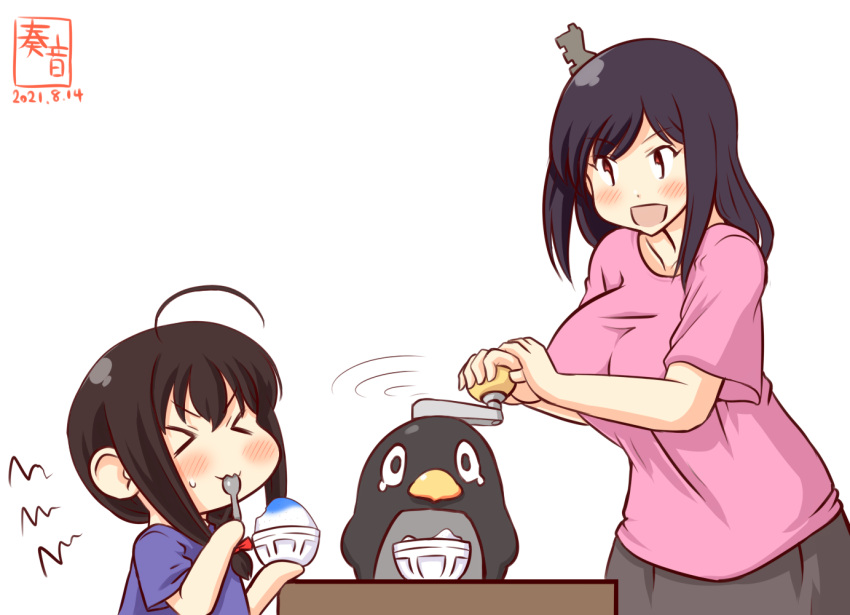 >_< 2021 2girls aged_down ahoge alternate_costume artist_logo bird black_hair blue_shirt braid brain_freeze brown_hair dated food hair_ornament ice_shaver kanon_(kurogane_knights) kantai_collection lolicon multiple_girls one-hour_drawing_challenge open_mouth penguin pink_shirt red_eyes shaved_ice shigure_(kancolle) shirt short_hair short_sleeves simple_background single_braid smile themed_object upper_body white_background yamashiro_(kancolle)