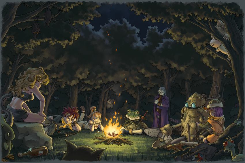 1other 3boys 3girls amade ayla_(chrono_trigger) bag bandana bare_arms bird blonde_hair bottle brown_gloves bug campfire cape chrono_trigger closed_eyes closed_mouth commentary crono_(chrono_trigger) english_commentary fire forest frog_(chrono_trigger) frog_boy glasses gloves grass hand_on_own_chin hand_up headband helmet holding holding_screwdriver indian_style jewelry long_hair long_sleeves lucca_ashtear lying magus_(chrono_trigger) marle_(chrono_trigger) multiple_boys multiple_girls nature night nu_(chrono_trigger) on_side on_stomach outdoors pendant pointy_ears ponytail purple_cape purple_hair red_hair repairing robo_(chrono_trigger) robot rock screwdriver sheath sheathed short_hair sitting sitting_on_rock sleeping smile spiked_hair standing stroking_own_chin sword thinking tools tree weapon white_headband yellow_bandana