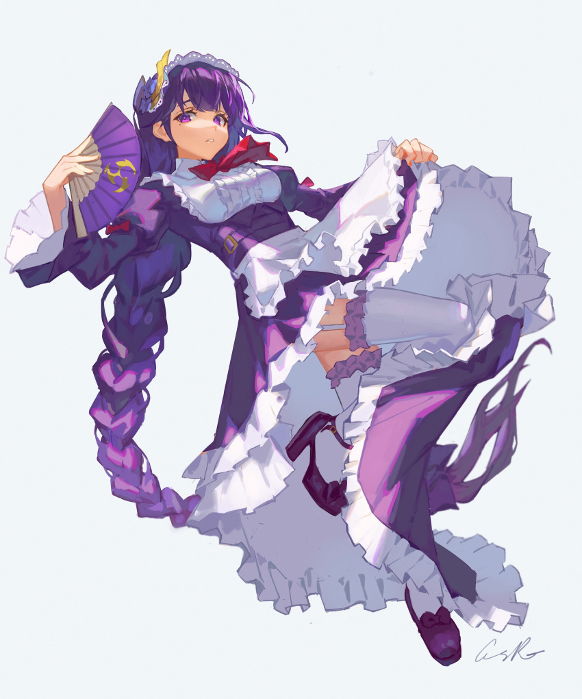 absurdres alternate_costume apron ascot braid chinese_commentary commentary_request dress enmaided female frilled_apron frilled_sleeves frilled_thighhighs frills garter_straps genshin_impact grey_background hand_fan high_heels highres holding holding_fan long_hair long_sleeves looking_at_viewer low-braided_long_hair low-tied_long_hair maid maid_headdress mitsudomoe_(shape) parted_lips petticoat purple_dress purple_eyes purple_footwear purple_hair raiden_shogun red_ascot rui_(gsr1982) signature simple_background skirt_hold solo thighhighs tomoe_(symbol) very_long_hair waist_apron white_apron white_thighhighs