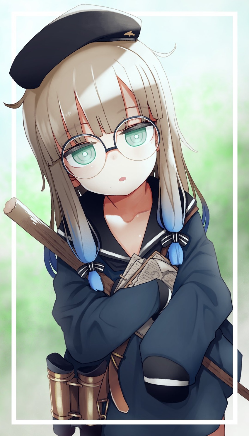 1other :o androgynous beret black_bow bow brown_hair commentary_request dress fate/grand_order fate_(series) glasses gradient_hair green_eyes hat highres holding izuoku long_hair long_sleeves mole mole_under_eye mole_under_mouth multicolored_hair nemo_(fate) open_mouth other_focus professor_nemo_(fate) round_eyewear sailor_collar sailor_dress solo