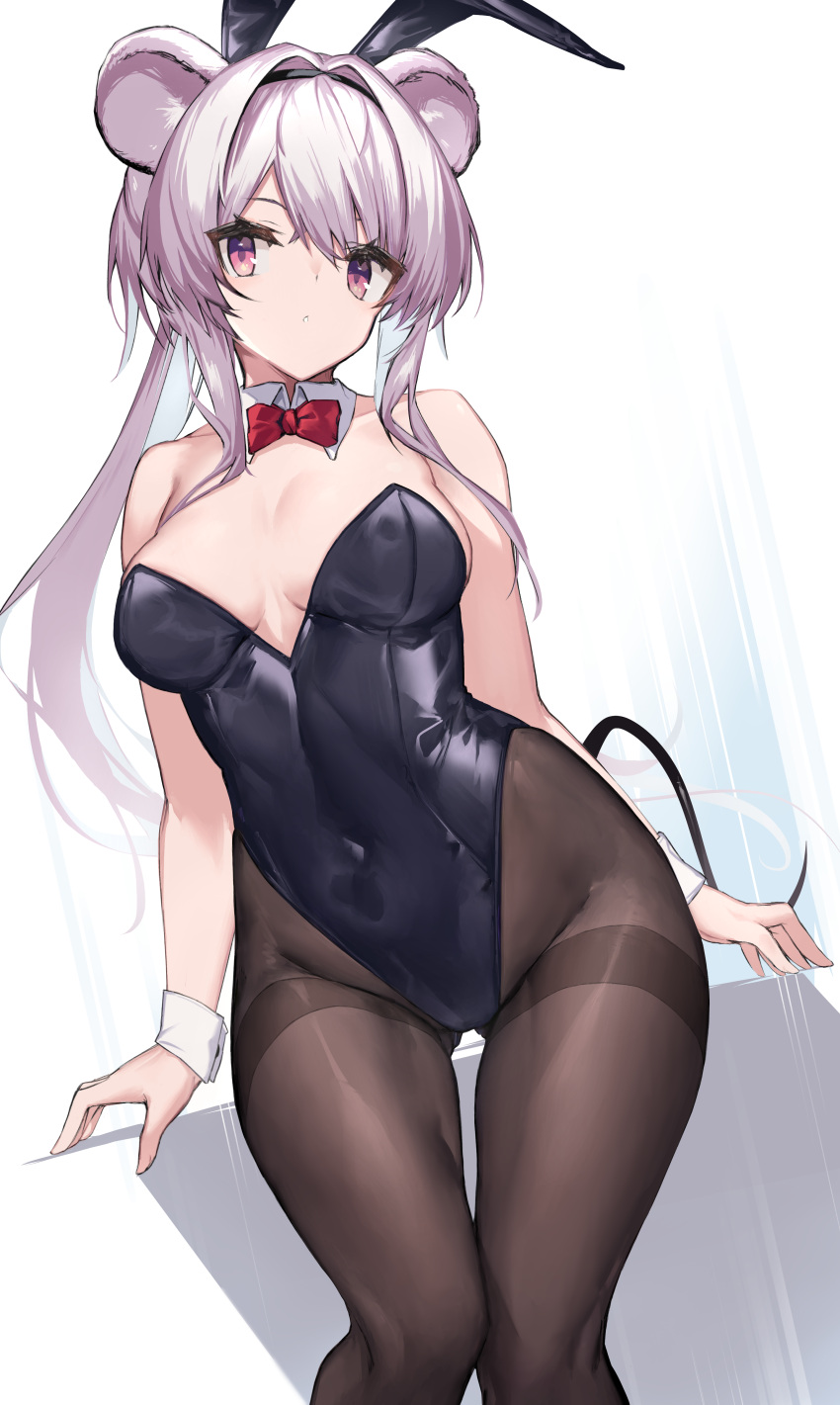 absurdres alternate_costume animal_ears arknights bare_arms bare_shoulders black_leotard breasts brown_pantyhose covered_navel fake_animal_ears female highres large_breasts leotard lin_(arknights) long_hair looking_at_viewer mouse_ears pantyhose playboy_bunny purple_eyes purple_hair rabbit_ears solo strapless strapless_leotard thighs very_long_hair yki