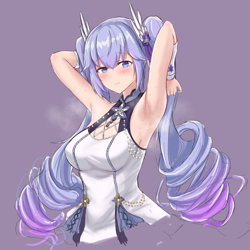 a-soul armpits arms_behind_head arms_up ava_(a-soul) blush can142857 commentary_request female gauntlets hair_ornament highres long_hair looking_at_viewer purple_background purple_eyes purple_hair simple_background sleeveless smell smelly_armpits steam steaming_body sweat twintails upper_body virtual_youtuber