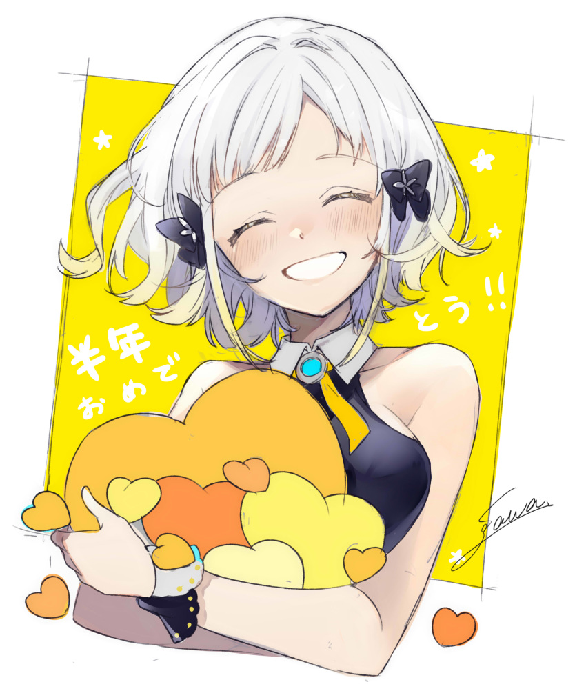 447_records :d absurdres bare_shoulders black_bow black_shirt bow breasts closed_eyes collared_shirt facing_viewer female flower hair_flower hair_ornament hairbow happy head_tilt heart highres holding large_breasts open_mouth shirt short_hair signature sleeveless sleeveless_shirt smile sogawa solo virtual_youtuber white_hair wing_collar yellow_background yuzuha_(vtuber)