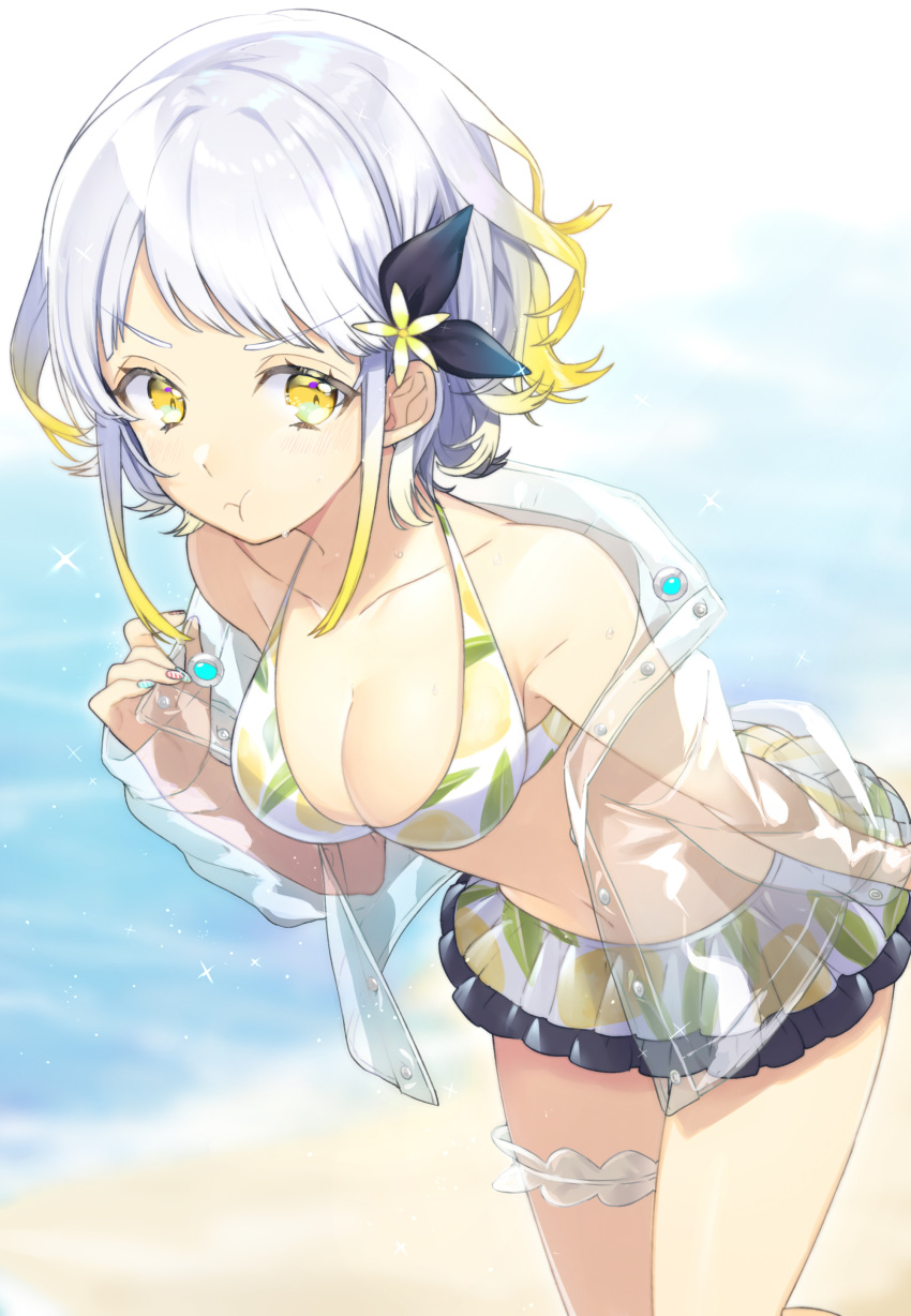 447_records :i absurdres beach bikini black_ribbon blonde_hair blue_nails blurry blurry_background breasts bridal_garter cleavage closed_mouth collarbone commentary_request cowboy_shot day depth_of_field diagonal_stripes female food_print frilled_bikini frills hair_ribbon highres jacket leaning_forward lemon_print long_sleeves looking_at_viewer medium_breasts multicolored_hair multicolored_nails nail_art nail_polish navel ocean outdoors red_nails ribbon see-through sogawa solo striped striped_nails swimsuit thighs virtual_youtuber white_hair yellow_bikini yellow_eyes yuzuha_(vtuber)