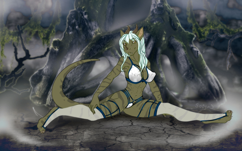 16:10 anthro breasts claws clothed clothing diana_digma dragon facial_horn female green_body green_scales hair hi_res horn looking_at_viewer mythological_creature mythological_scalie mythology scales scalie smile solo tail underwear widescreen