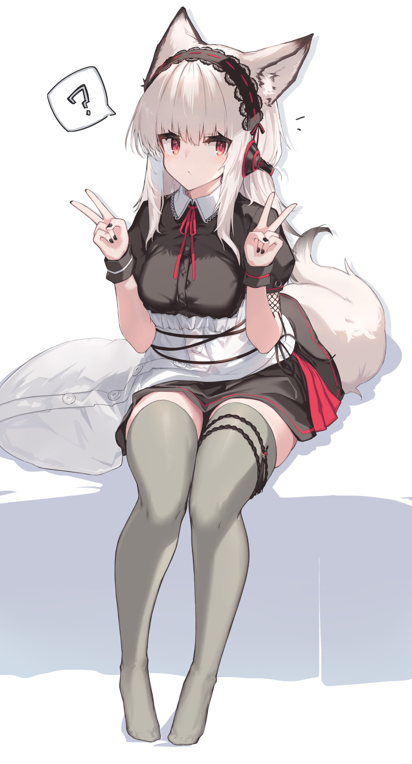 ? absurdres animal_ears apron arknights black_hairband black_nails black_skirt blush breasts diamond-shaped_pupils diamond_(shape) double_v female fox_ears fox_girl fox_tail frilled_hairband frills frostleaf_(arknights) full_body grey_hair grey_thighhighs hairband hands_up headphones highres implied_extra_ears incredibly_absurdres invisible_chair long_hair looking_at_viewer maid medium_breasts miniskirt neck_ribbon red_eyes red_ribbon ribbon sidelocks simple_background sitting skirt solo spoken_question_mark symbol-shaped_pupils tail thighhighs v white_apron white_background yki zettai_ryouiki