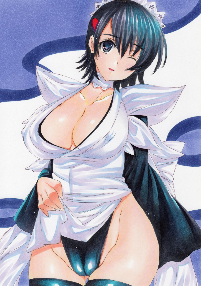 absurdres ass_visible_through_thighs bandages_over_clothes black_eyes black_hair black_thighhighs breasts cameltoe choker cleavage collarbone commentary_request covered_nipples female fingernails hair_ornament hairclip highleg highres iroha_(samurai_spirits) japanese_clothes large_breasts lifting_own_clothes long_sleeves looking_at_viewer maid_headdress one_eye_closed open_mouth rozarin samurai_spirits shiny_clothes shiny_skin short_hair simple_background smile solo thighhighs thighs traditional_media wide_sleeves