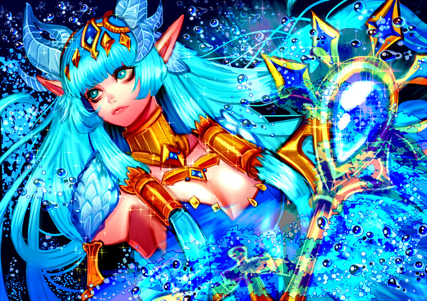 blue_eyes blue_hair breasts cleavage female king's_raid laias_(king's_raid) large_breasts long_hair nyamunekonabe pointy_ears solo water