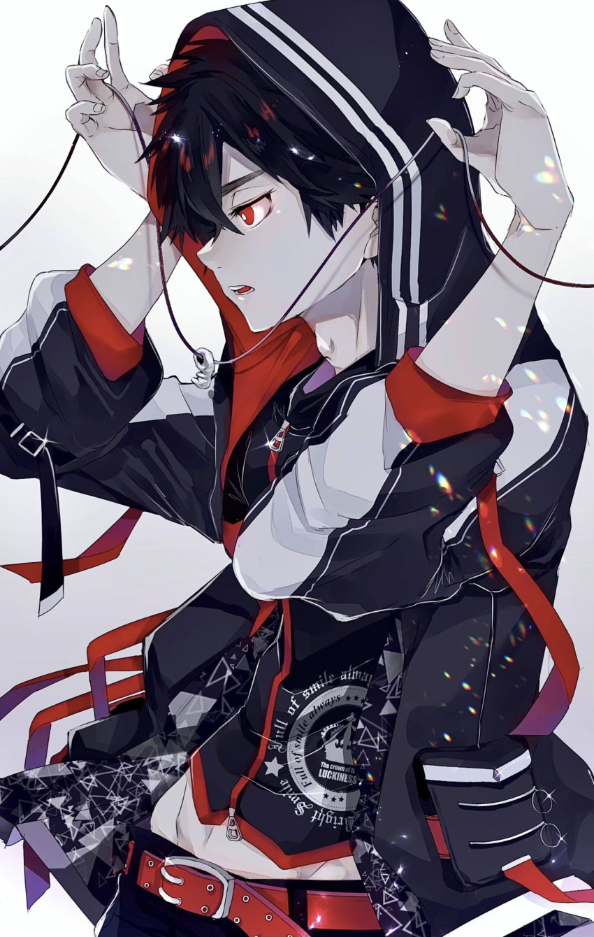 1boy belt black_hair fingernails highres hood hood_up jacket kemono_jihen kusaka_kabane male_focus nyazuta open_mouth red_eyes solo upper_body zipper_pull_tab