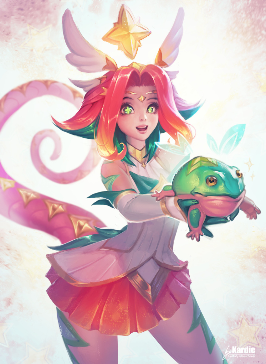 :o absurdres animal artist_name circlet english_commentary female furaffinity_username gloves gold_trim gradient_hair green_eyes green_gloves green_hair highres holding holding_animal kardie league_of_legends looking_at_viewer multicolored_hair neeko_(league_of_legends) red_hair short_hair sidelocks skirt solo star_guardian_(league_of_legends) star_guardian_neeko star_guardian_pet symbol-shaped_pupils tail web_address wing_hair_ornament