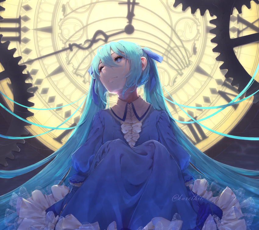 aqua_hair astronomical_clock backlighting blue_dress blue_eyes chaban_capriccio_(vocaloid) clock clock_tower clockwork dress evillious_nendaiki eyelashes female frilled_dress frilled_sleeves frills gears hatsune_miku heartbeat_clocktower_(vocaloid) highres houtei_no_nushi inner_workings juliet_sleeves kureihii long_hair long_sleeves looking_away looking_up master_of_the_court_(vocaloid) pale_skin puffy_sleeves roman_numeral sitting tower twintails very_long_hair victorian vocaloid zodiac