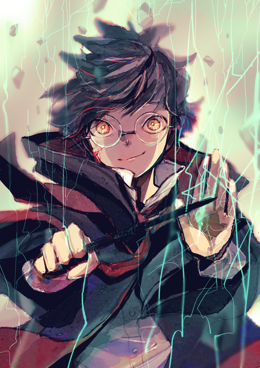 1boy absurdres black_hair blood blood_on_face coat cuts debris glasses gryffindor harry_potter_(series) highres hogwarts_school_uniform holding holding_wand injury james_potter long_sleeves looking_at_viewer magic male_focus maru_(hardrock5150) orange_eyes outstretched_arms round_eyewear school_uniform short_hair smile smirk solo straight-on swept_bangs upper_body wand wizarding_world