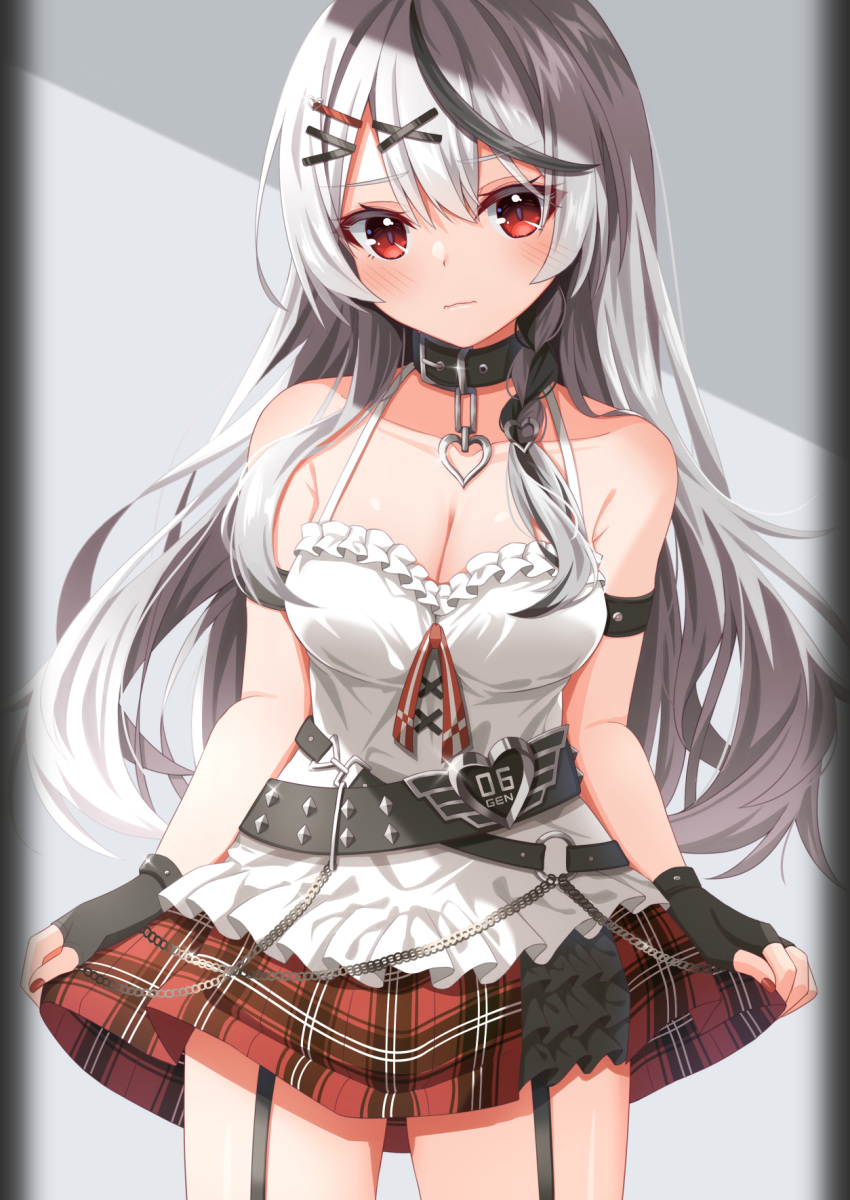 arm_strap black_collar black_gloves breasts cleavage collar divergenceok female fingerless_gloves garter_straps gloves grey_hair hair_ornament highres hololive large_breasts long_hair multicolored_hair nail_polish plaid plaid_skirt red_eyes red_nails red_skirt sakamata_chloe sakamata_chloe_(1st_costume) shirt skirt skirt_hold solo streaked_hair virtual_youtuber white_shirt x_hair_ornament