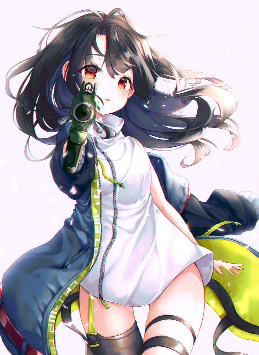 absurdres aiming aiming_at_viewer bare_arms bare_shoulders bbeedol black_hair black_thighhighs blue_jacket c-ms_(girls'_frontline) cbj-ms chromatic_aberration commentary drawstring dress female floating_hair girls'_frontline gun hair_between_eyes highres holding holding_gun holding_weapon jacket long_hair long_sleeves looking_at_viewer open_clothes open_jacket parted_lips photoshop_(medium) pink_background puffy_long_sleeves puffy_sleeves red_eyes single_thighhigh sleeveless sleeveless_dress solo submachine_gun thighhighs weapon white_dress