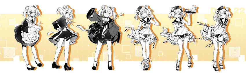 :o ;q absurdres alternate_costume animal_ears apron arknights bag bare_legs bear_ears bear_girl bikini bikini_bottom_only black_bag black_bikini black_coat black_dress black_footwear black_sailor_collar border candy_hair_ornament chinese_commentary closed_eyes coat commentary_request cross-laced_sandals dress drop_shadow enmaided female food food-themed_hair_ornament frying_pan fy_fei_xiao_ya glass gummy_(arknights) gummy_(summer_flowers)_(arknights) hair_ornament hand_up happy highres holding holding_cooking_pot holding_food holding_frying_pan holding_ice_cream holding_plate holding_tray ice_cream ice_cream_cone leaning_forward limited_palette looking_at_viewer looking_back looking_to_the_side maid multiple_views neckerchief nervous official_alternate_costume one_eye_closed open_mouth oven_mitts plate sailor_collar sailor_dress sandals see-through see-through_skirt shirt short_hair shoulder_bag simple_background skirt smile surprised swimsuit tongue tongue_out tray tying_apron white_hair white_neckerchief white_sailor_collar white_shirt yellow_background