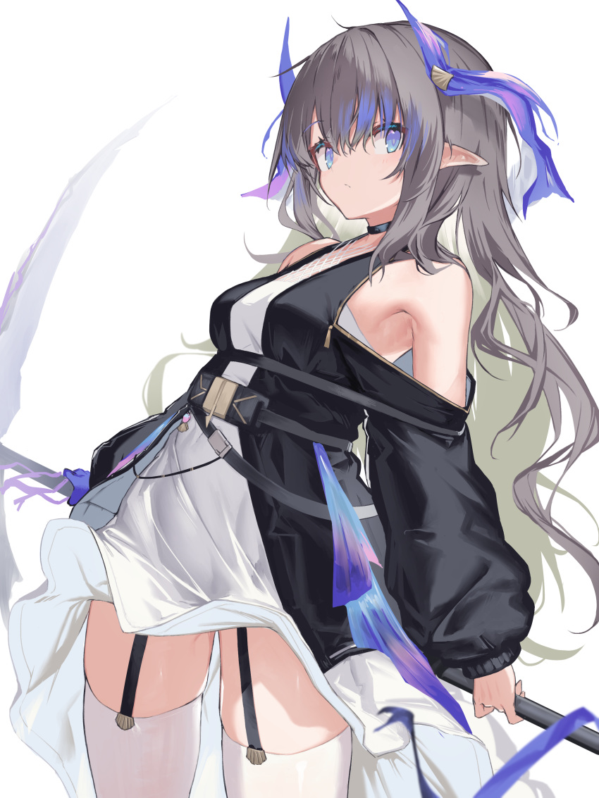 absurdres arknights bare_shoulders black_choker black_dress blue_eyes breasts brown_hair choker clothing_cutout cowboy_shot dress female garter_straps highmore_(arknights) highres holding holding_weapon horns long_hair long_sleeves looking_at_viewer pointy_ears shoulder_cutout sidelocks simple_background small_breasts solo thighhighs two-tone_dress weapon weapon_behind_back white_background white_dress white_thighhighs yki