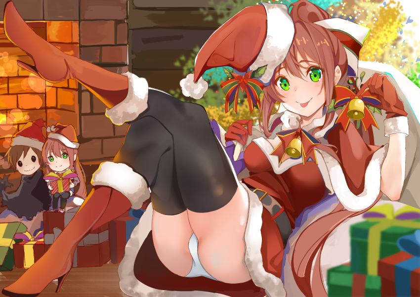 :p absurdres ass bell black_thighhighs boots box breasts brown_hair chibi christmas christmas_tree doki_doki_literature_club dress female fireplace gift gift_box gloves green_eyes hat high_heel_boots high_heels highres looking_at_viewer monika_(doki_doki_literature_club) panties pantyshot ponytail red_footwear red_gloves red_ribbon ribbon santa_boots santa_costume santa_dress santa_gloves santa_hat second-party_source short_dress thighhighs thighs tongue tongue_out underwear white_panties white_ribbon xhunzei