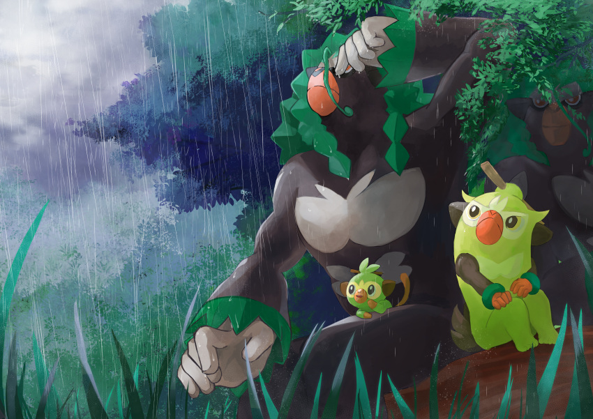 absurdres closed_mouth commentary_request evolutionary_line fog from_below furry grass grookey hand_up highres looking_up orange_eyes outdoors plant pokemon pokemon_(creature) rain rikuya_(0325shs) rillaboom sitting stick thwackey tree vines