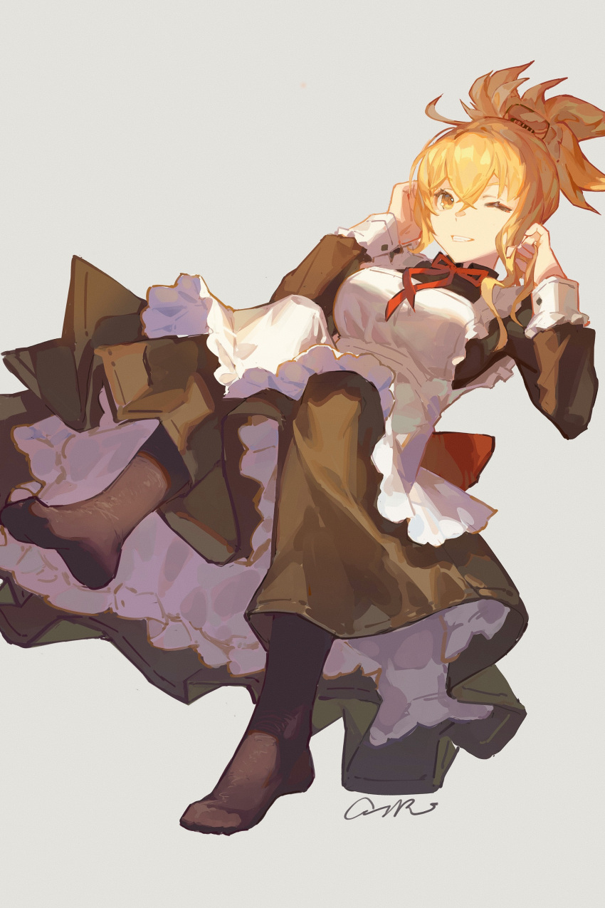 absurdres alternate_costume apron black_dress black_pantyhose blonde_hair chinese_commentary commentary_request dress enmaided female frilled_apron frills full_body genshin_impact grey_background grin hands_up highres long_hair long_sleeves looking_at_viewer maid maid_apron no_shoes one_eye_closed pantyhose petticoat ponytail red_ribbon ribbon rui_(gsr1982) signature simple_background smile solo white_apron yellow_eyes yoimiya_(genshin_impact)