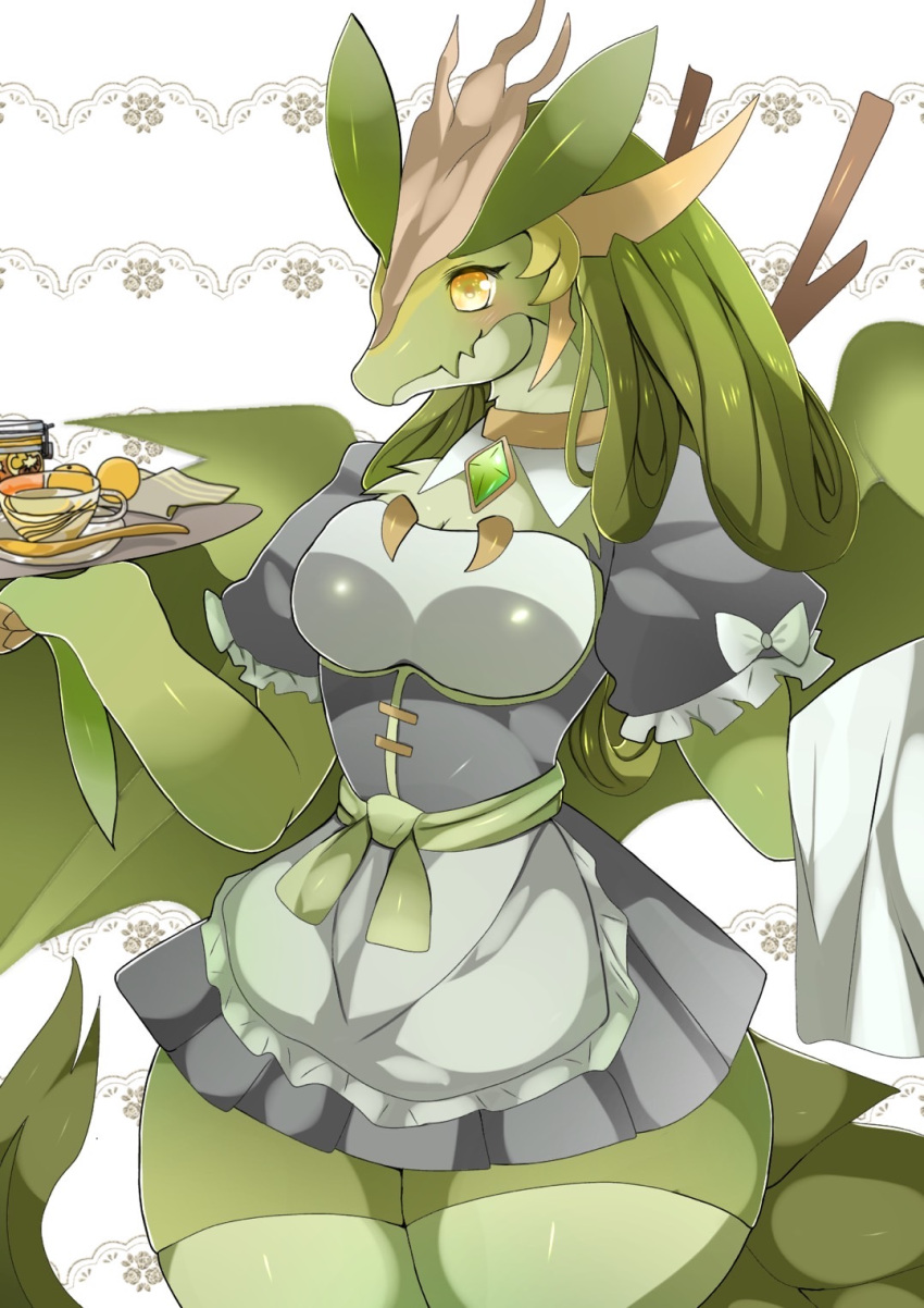 anthro breasts cleavage clothed clothing dragon dragonmaid_(yu-gi-oh!) dragonmaid_lorpar dragonryuusuki duel_monster female hair hi_res horn konami maid_uniform mythological_creature mythological_scalie mythology scalie smile solo tail uniform wings yu-gi-oh!