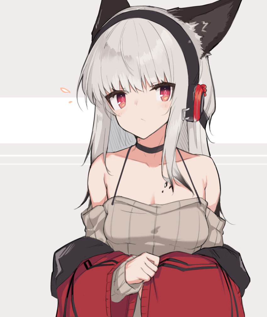 animal_ears arknights bare_shoulders black_choker breasts brown_shirt choker detached_sleeves diamond-shaped_pupils diamond_(shape) female fox_ears fox_girl frostleaf_(arknights) grey_hair headphones highres implied_extra_ears jacket long_hair long_sleeves looking_at_viewer off-shoulder_shirt off_shoulder red_eyes red_jacket ribbed_shirt shirt sidelocks small_breasts solo spaghetti_strap symbol-shaped_pupils upper_body yki