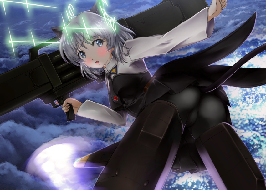 animal_ears ass blue_eyes blush breasts cat_ears cat_girl cat_tail crotch female fliegerhammer flying highres looking_at_viewer memory_(prophet5) military_uniform open_mouth pantylines sanya_v._litvyak short_hair sky small_breasts solo strike_witches striker_unit tail uniform white_hair world_witches_series