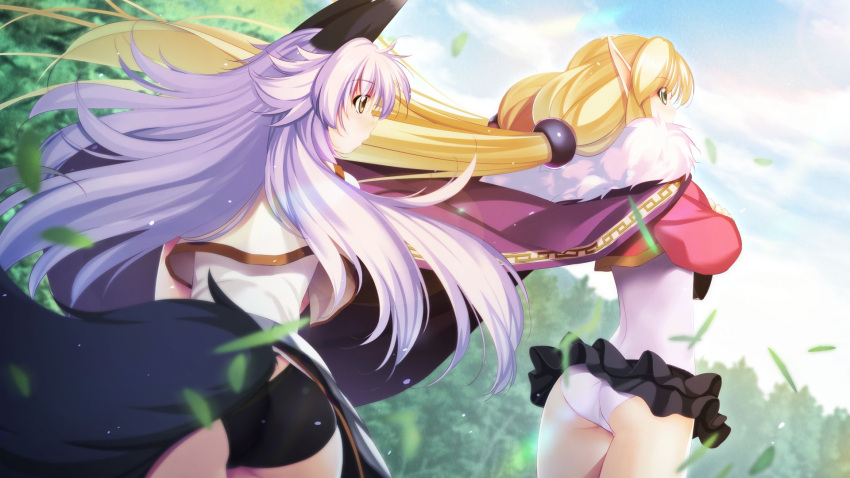 2girls animal_ears arm_hug ass atelier-moo blonde_hair cloak cowboy_shot elf from_side green_eyes grey_eyes hair_between_eyes highres long_hair long_pointy_ears mana_(our_battle_has_just_begun!) miniskirt multiple_girls narrow_waist nature our_battle_has_just_begun! pointy_ears purple_hair skinny skirt standing synsya tail thighs twintails very_long_hair wind wind_lift wolf_ears wolf_tail