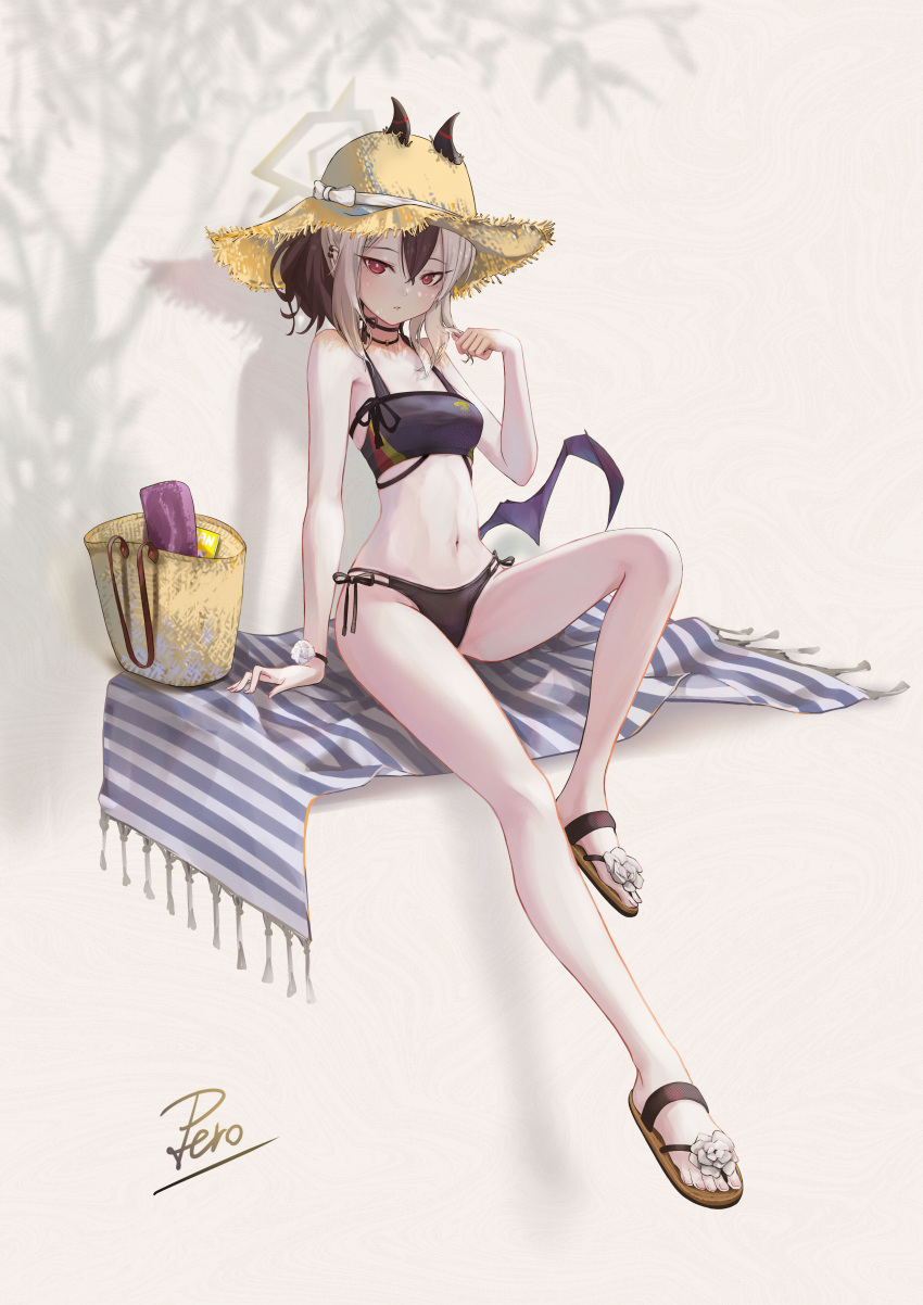 absurdres alternate_costume arm_support bag bare_arms bare_shoulders beach_towel bikini black_bikini black_hair blue_archive breasts bright_pupils choker commentary_request ear_piercing feet female flip-flops foot_out_of_frame full_body hair_between_eyes halo hand_up hat highres horns horns_through_headwear kayoko_(blue_archive) knee_up legs looking_at_viewer low_wings medium_hair multicolored_hair navel no_socks parted_lips partial_commentary peropicnic piercing pom_pom_(clothes) red_eyes sandals shadow side-tie_bikini_bottom sidelocks signature single_wing sitting small_breasts solo stomach straw_hat swimsuit toenails toes towel two-tone_hair white_hair white_pupils wings