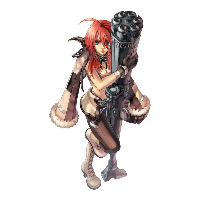 2000s_(style) ahoge black_gloves boots breasts brown_jacket brown_pants brown_tank_top cleavage crop_top cross-laced_footwear female full_body fur-trimmed_sleeves fur_trim gatling_gun gloves green_eyes gun gunslinger_(ragnarok_online) hair_between_eyes highres holding holding_gun holding_weapon jacket jacket_on_shoulders long_bangs long_hair looking_at_viewer medium_breasts minigun myung-jin_lee navel official_art pants parted_lips ragnarok_online red_hair simple_background smile solo standing standing_on_one_leg tachi-e tank_top transparent_background weapon white_footwear